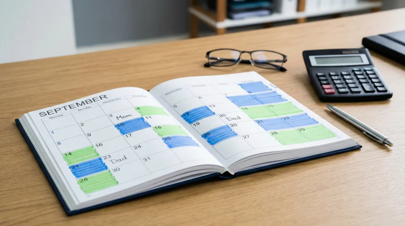 Kapcsolattartás és váltott gondoskodás naptár példa